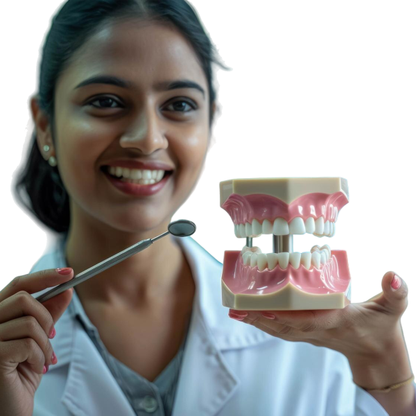 indian-female-dentist-with-dental-model-woman-dressed-white-coat